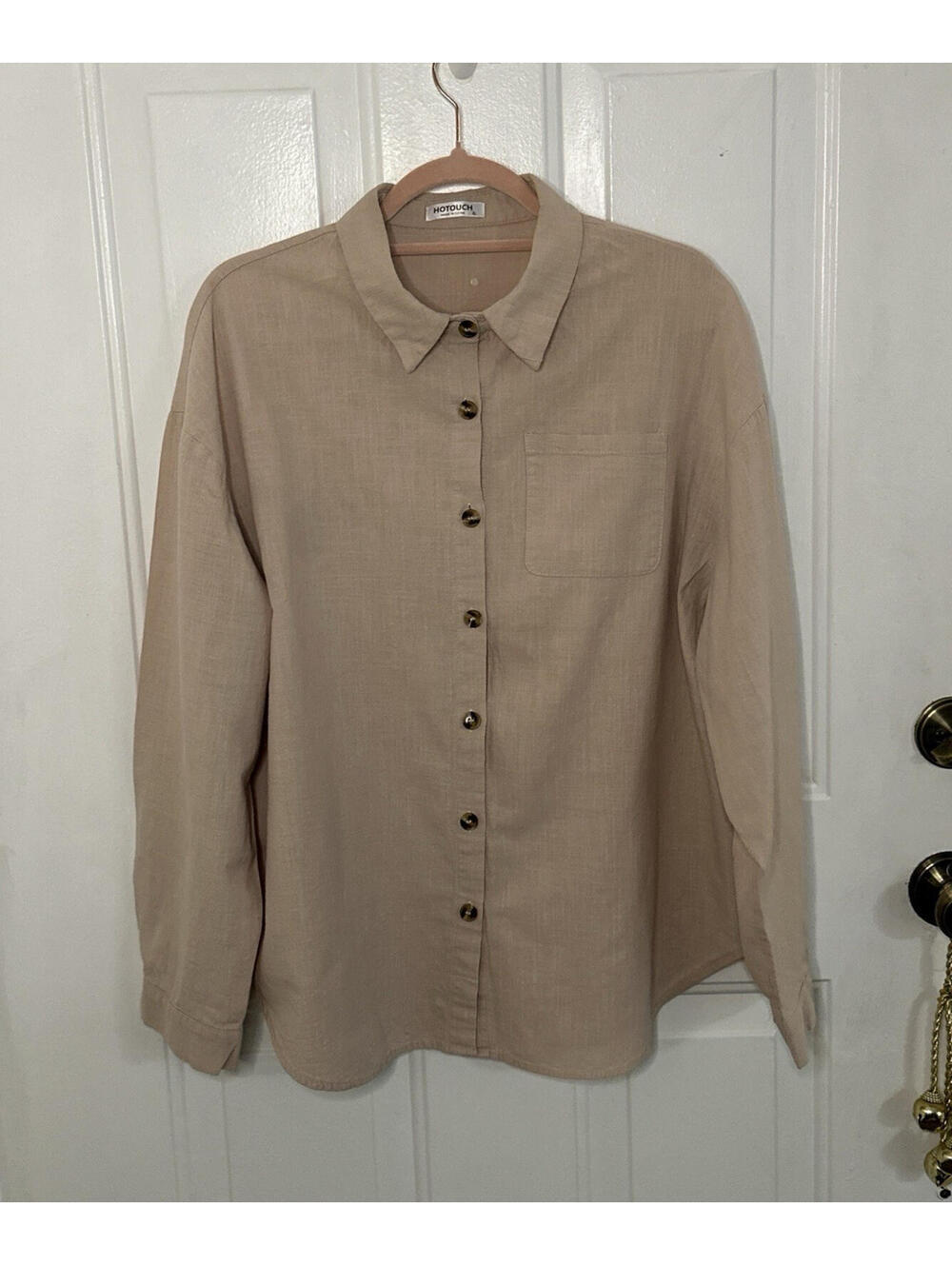 HOTOUCH Beige Solid Cotton Woven Long Sleeve Button-Up Point Collar Shirt XL